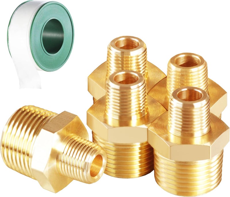 MSAEIQUN 5PCS 1/2 Inch Male Pipe x 1/4 Inch Male Pipe Solid Brass Threaded Straight Pipe Reducing Hex Nipple Fittings Extension Connector Adapter Coupling for Pipe Line/Oil/Gas - Image 1